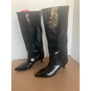 NWT Zara Black Patent Vegan Pointy Toe Knee High Kitten Heel Wide Calf Boots 6